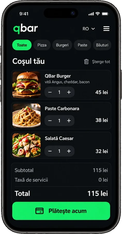 QBar cart and payment on a phone